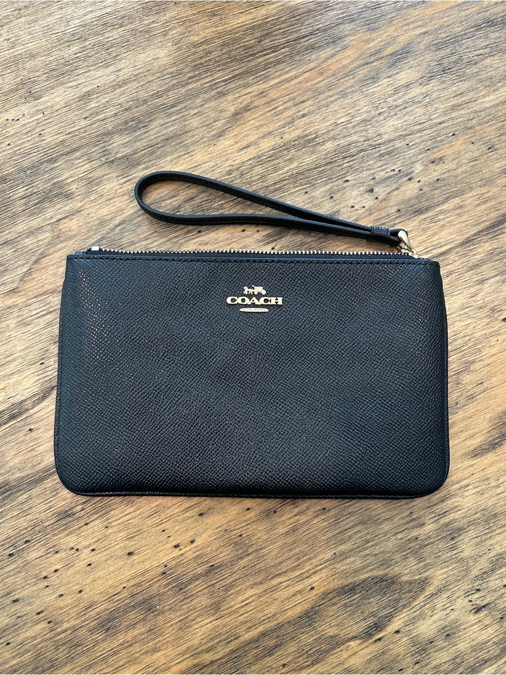 Coach Black Leather Wristlet with Gold Logo